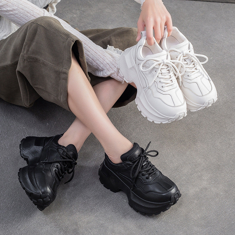 Women's Plain Quilted Leather Chunky Platform Sneakers-RAIIFY