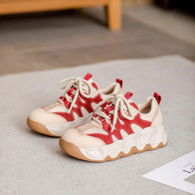 Women Color Matching Leather Mesh Platform Casual Shoes-RAIIFY