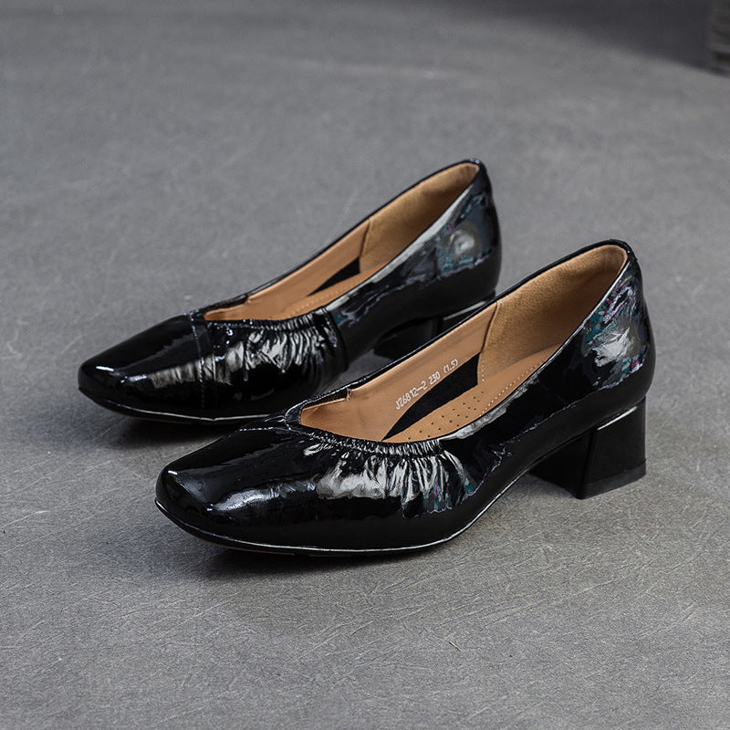 Women's Plain Leather Low Top Chunky Heel Pumps-RAIIFY