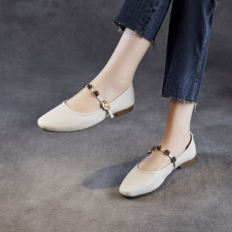 Women Genuine Leather Square Toe Low Heel Mary Jane Shoes-RAIIFY