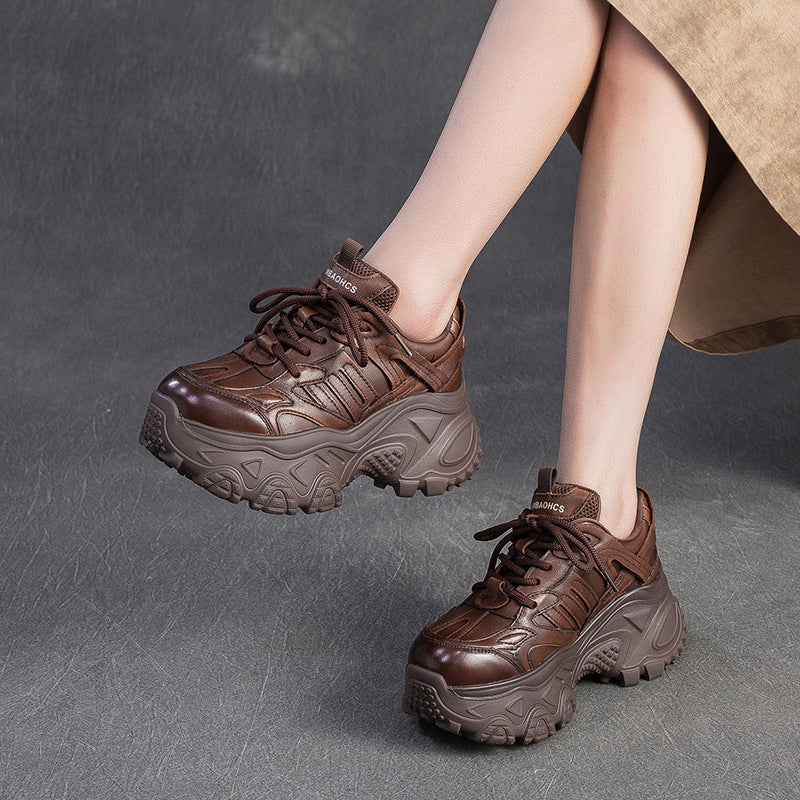 Women's Minimalist Plain Leather Chunky Platform Sneakers-RAIIFY