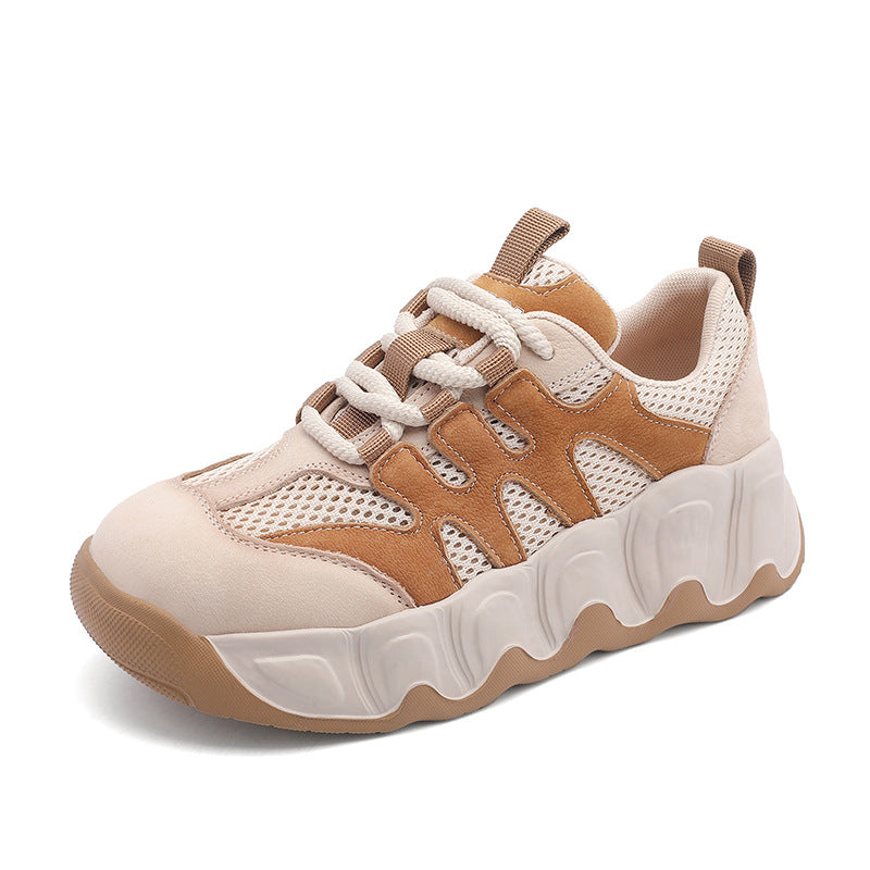 Women Color Matching Leather Mesh Platform Casual Shoes-RAIIFY