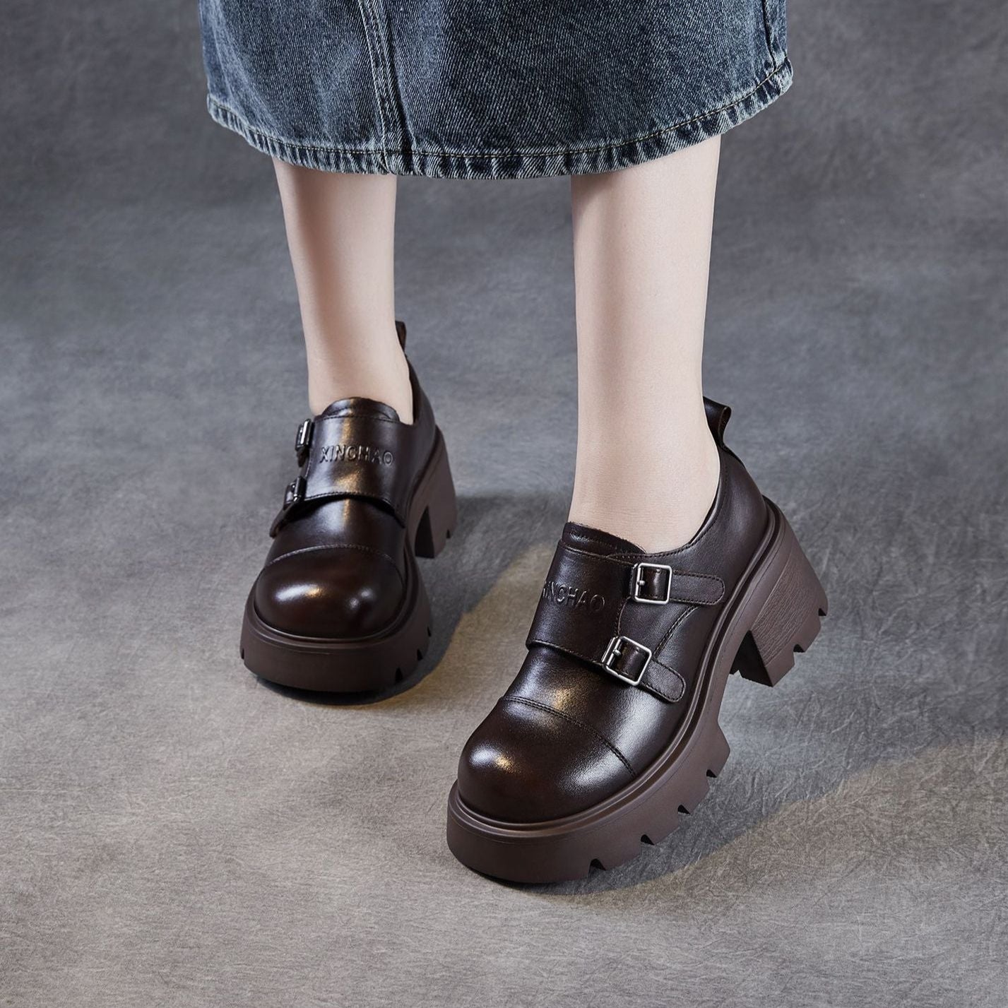 Women's Plain Leather Buckle Chunky Heel Loafers-RAIIFY