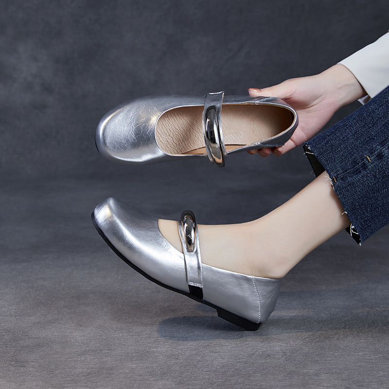 Women Plain Leather Flat Low Top Mary Jane Shoes-RAIIFY