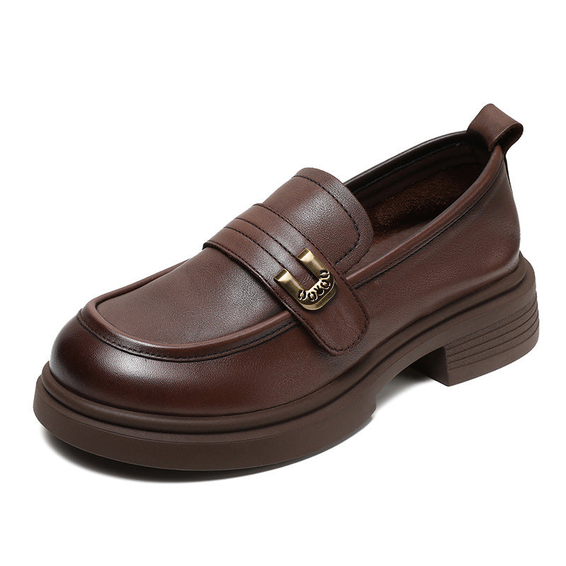 Women Retro Leather Low Block Classic Loafers-RAIIFY