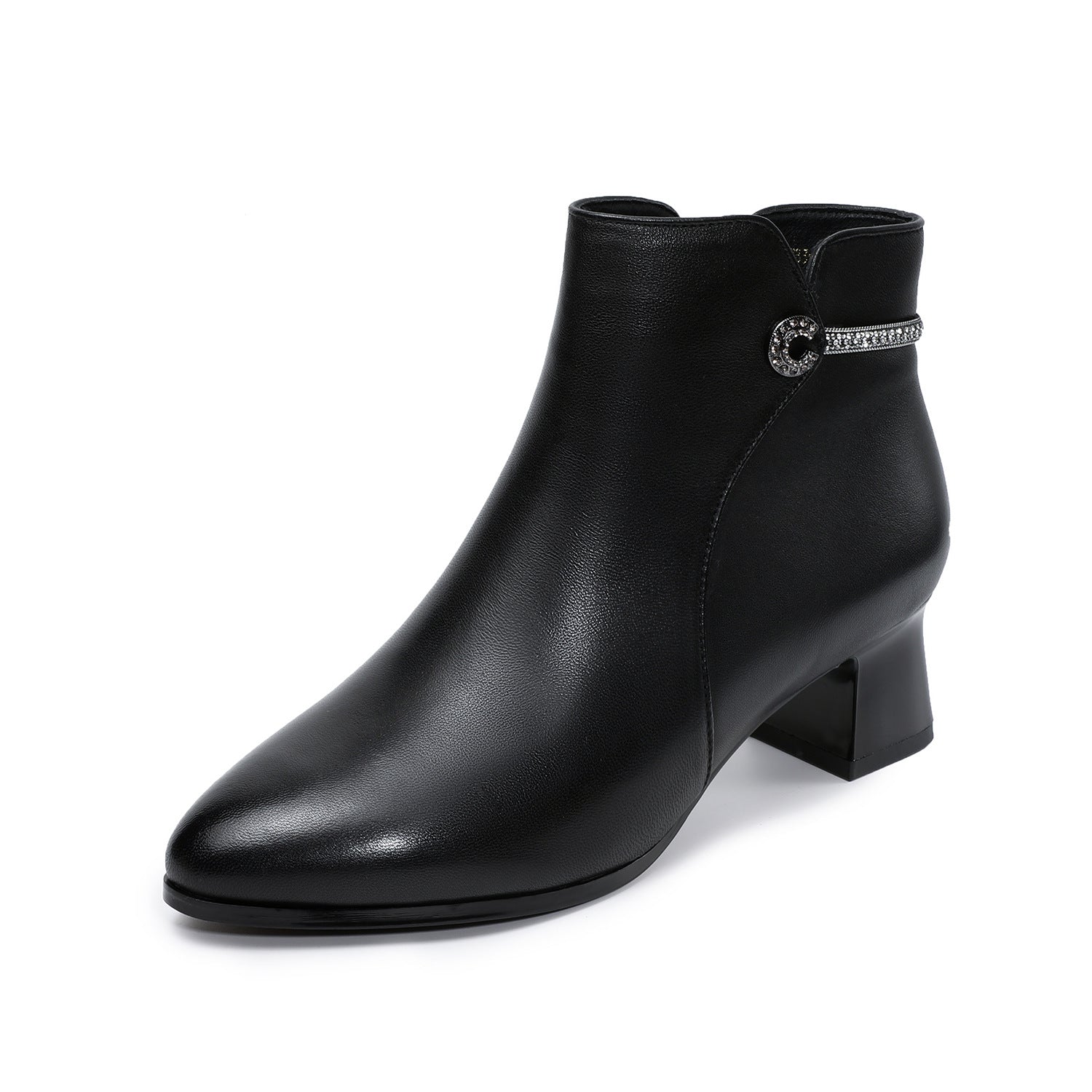 Women's Plain Leather Furred Point-Toe Ankle Boots-RAIIFY