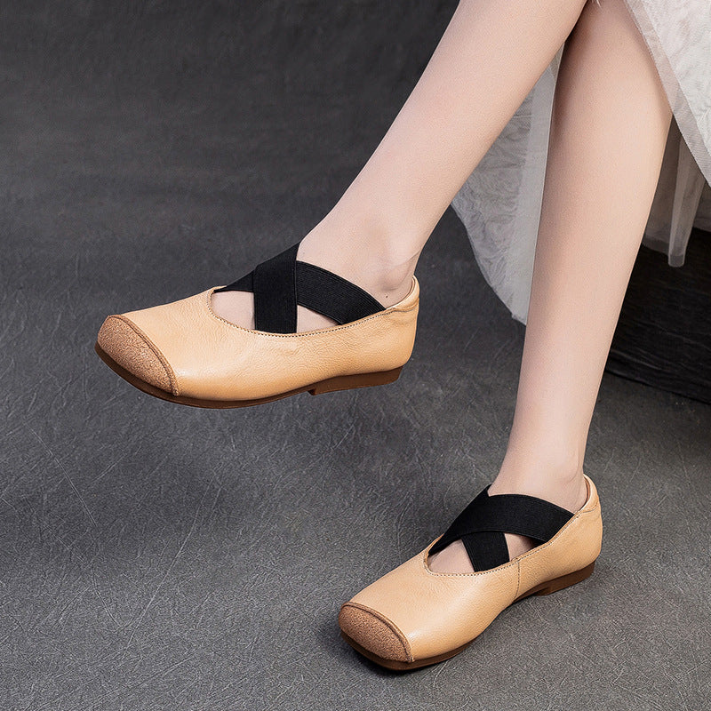 Women Retro Cross Strap Leather Casual Flats-RAIIFY