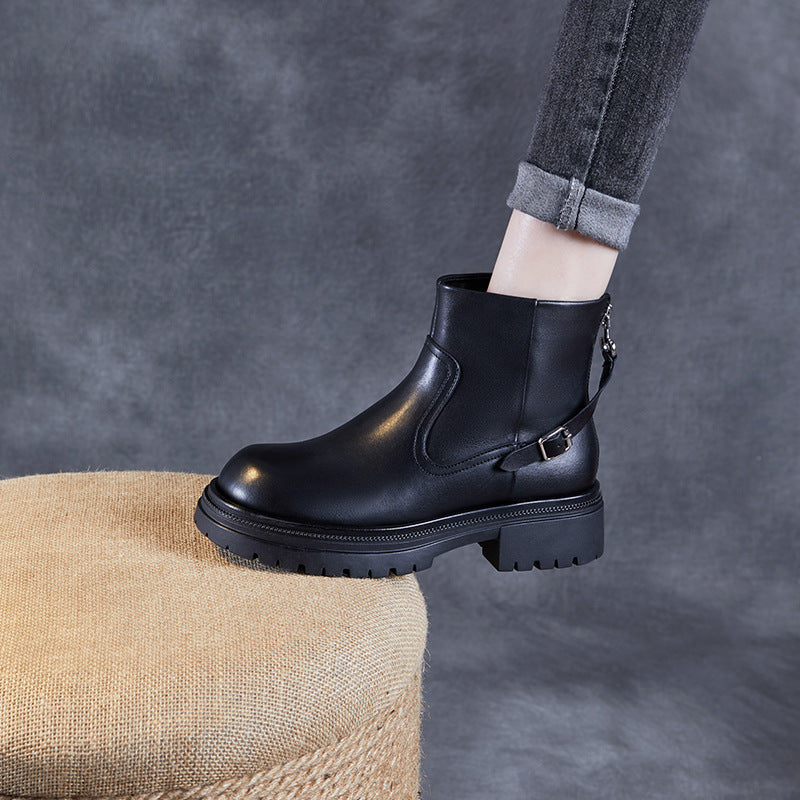 Women's Retro Plain Leather Furred Platform Ankle Boots-RAIIFY