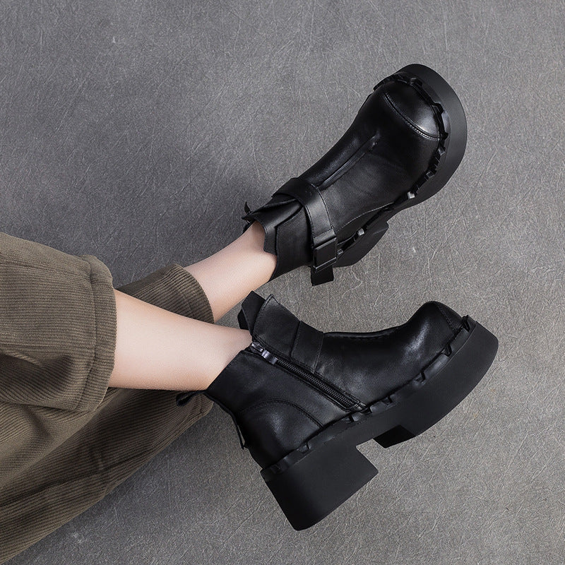 Women's Vintage Leather Buckle Platform Ankle Boots-RAIIFY
