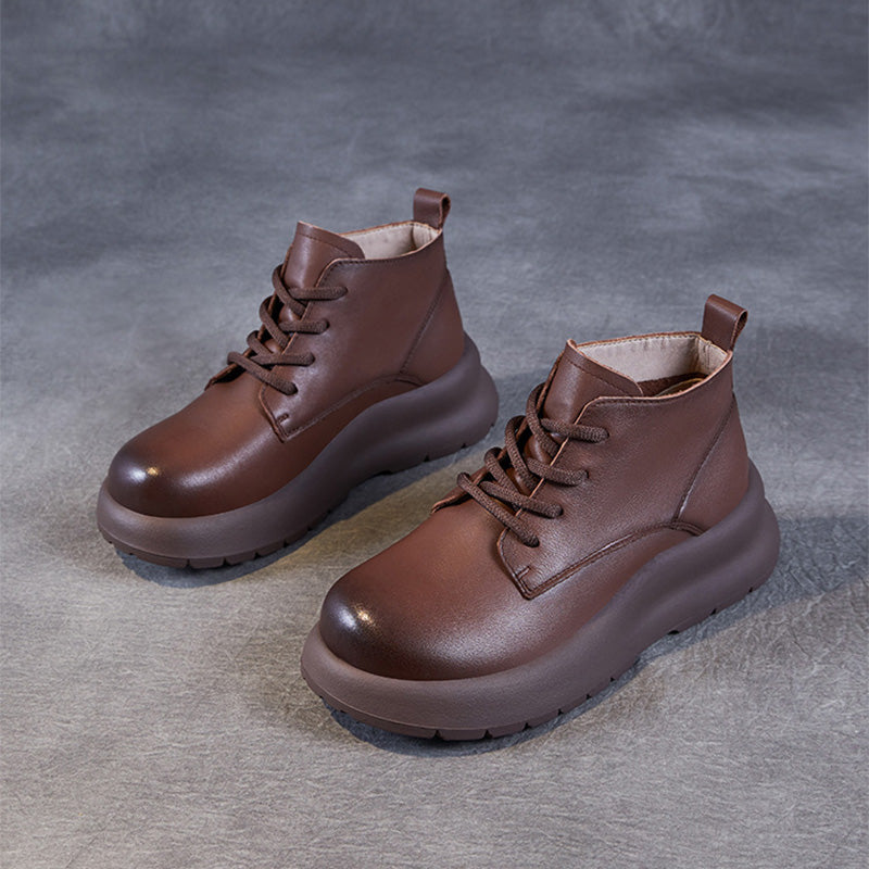 Women Retro Solid Leather Thick Soled Casual Shoes-RAIIFY