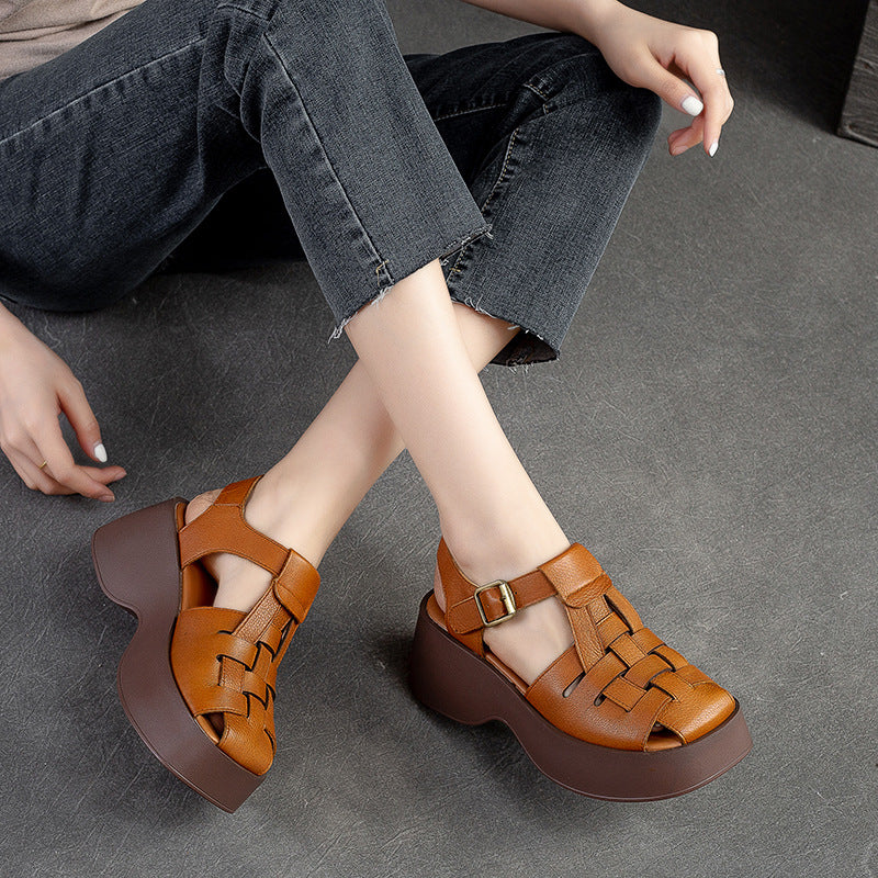 Women Summer Handmade Plaited Leather Platform Sandals-RAIIFY