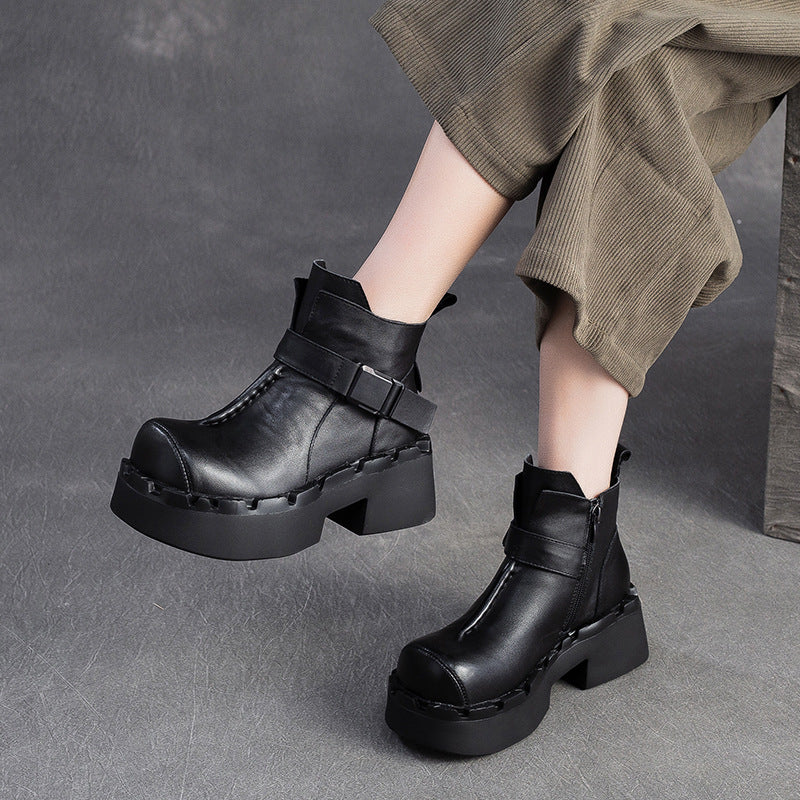 Women's Vintage Leather Buckle Platform Ankle Boots-RAIIFY