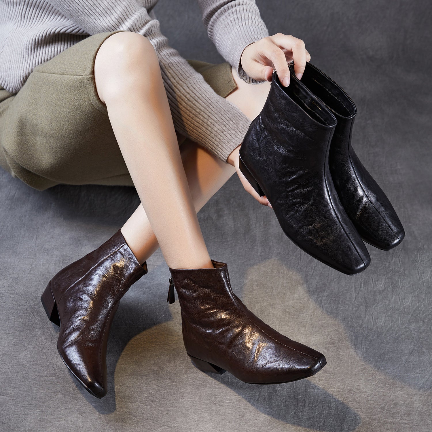 Women's Vintage Plain Leather Low Block Furred Ankle Boots-RAIIFY