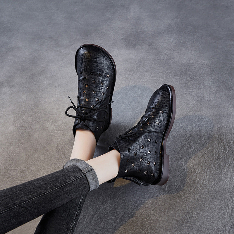 Women Soft Plain Hollow Leather Casual Flat Ankle Boots-RAIIFY