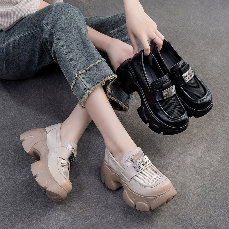 Women Hollow Mesh Leather Chunky Platform Loafers-RAIIFY