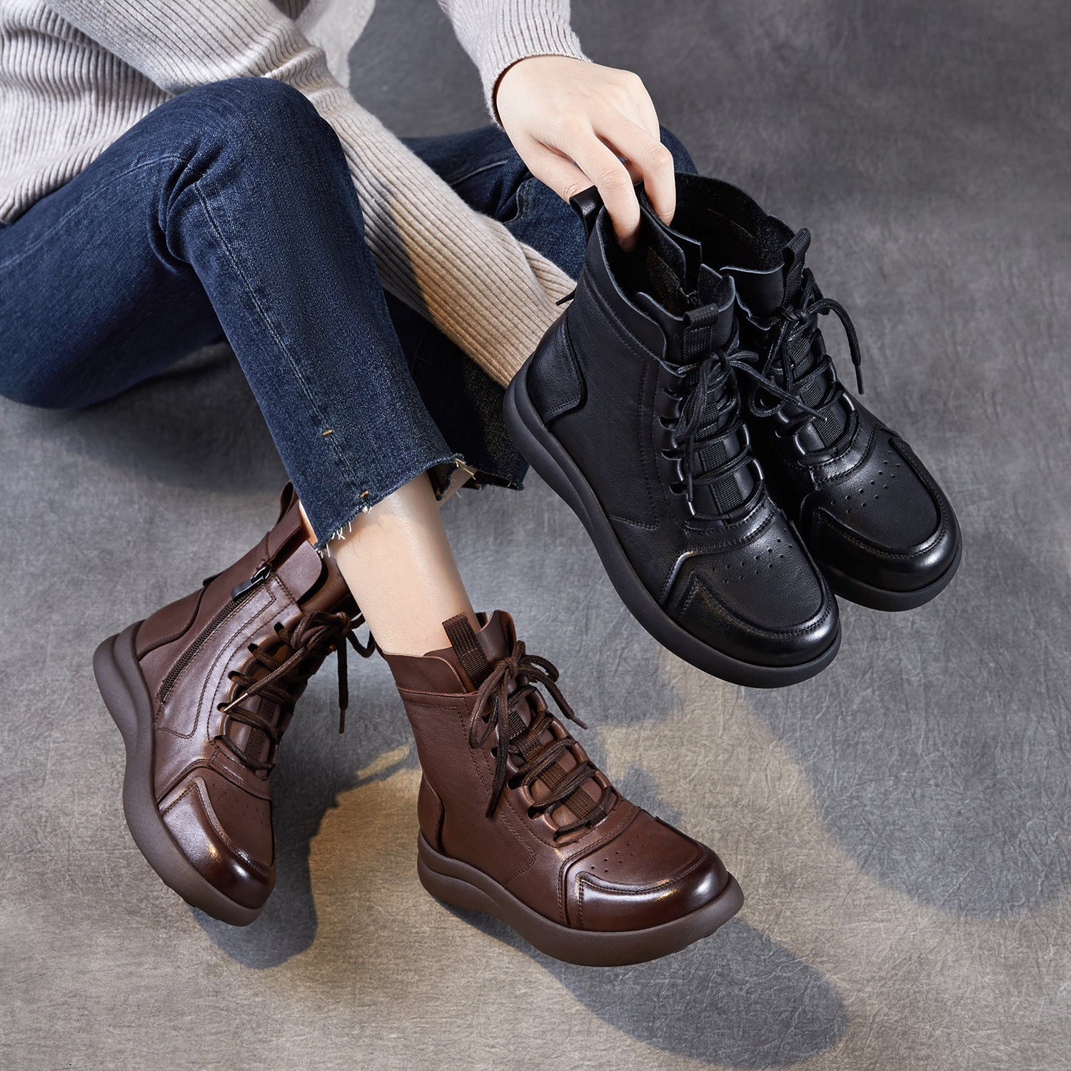 Women's Vintage Breathable Leather Flat Ankle Boots-RAIIFY