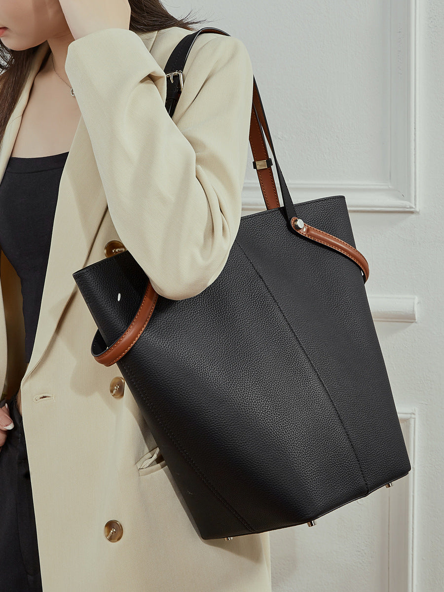 Women’s Soft Plain Leather Casual Bucket Bag-RAIIFY
