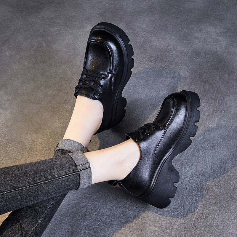 Women Retro Leather Lace-up Platform Loafers-RAIIFY