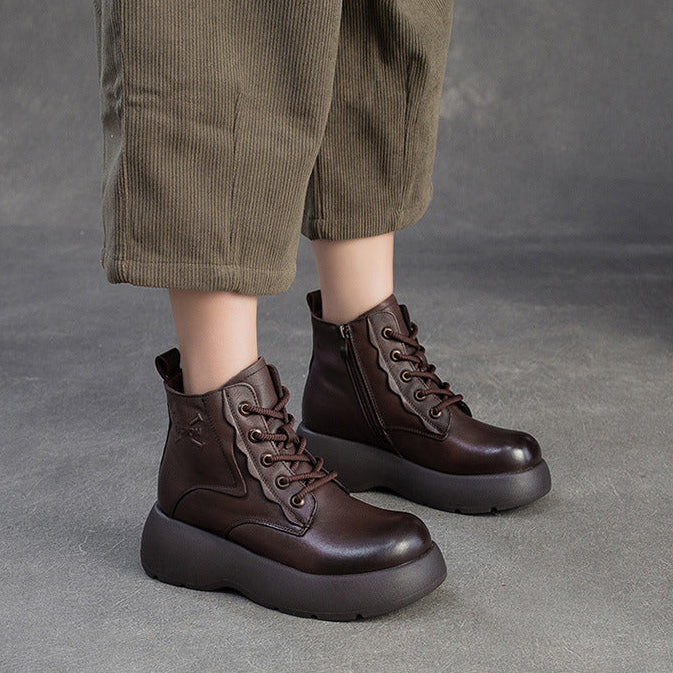 Women's Retro Plain Leather Platform Ankle Snow Boots-RAIIFY