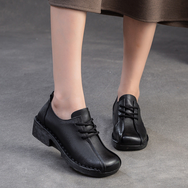 Women Retro Leather Low Block Casual Shoes-RAIIFY