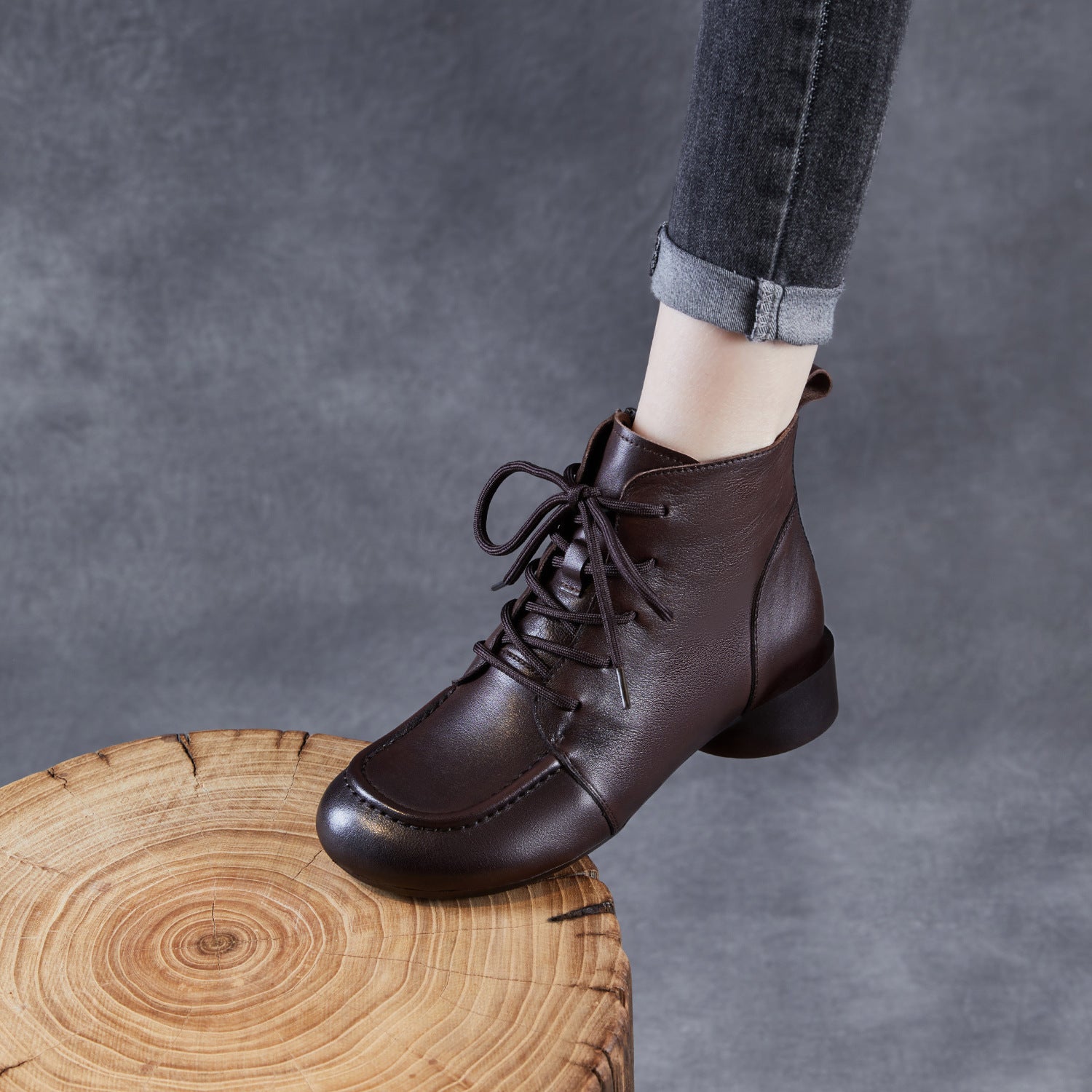 Women's Retro Leather Low Block Ankle Boots-RAIIFY