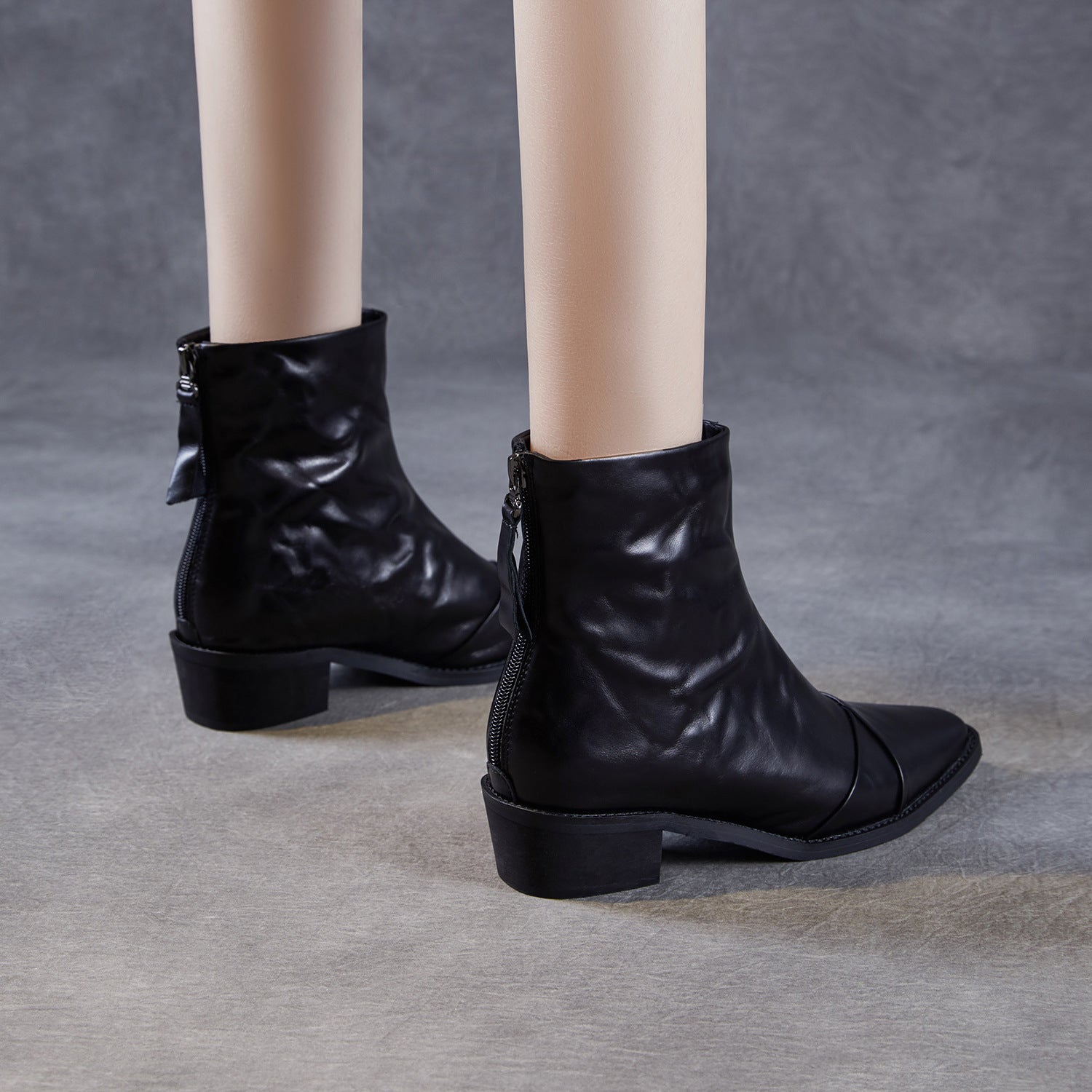 Women's Pleated Leather Low Block Furred Ankle Boots-RAIIFY