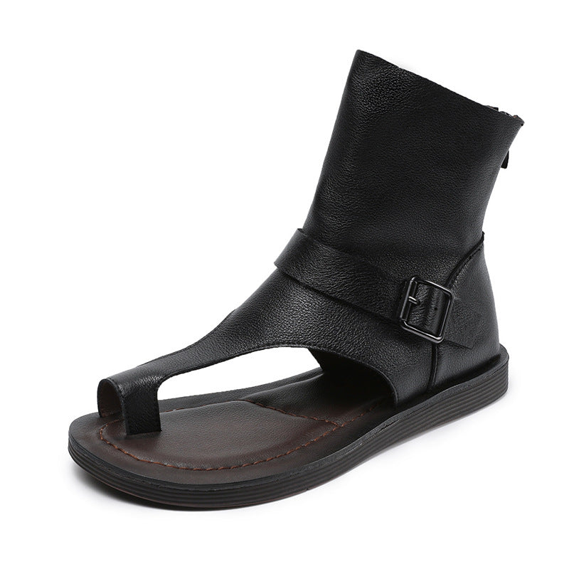 Women Retro Plain Leather High Top Flip-Flops Sandals-RAIIFY