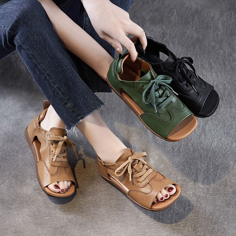 Women's Genuine Leather Retro Soft Sole Lace Up Sandals-RAIIFY