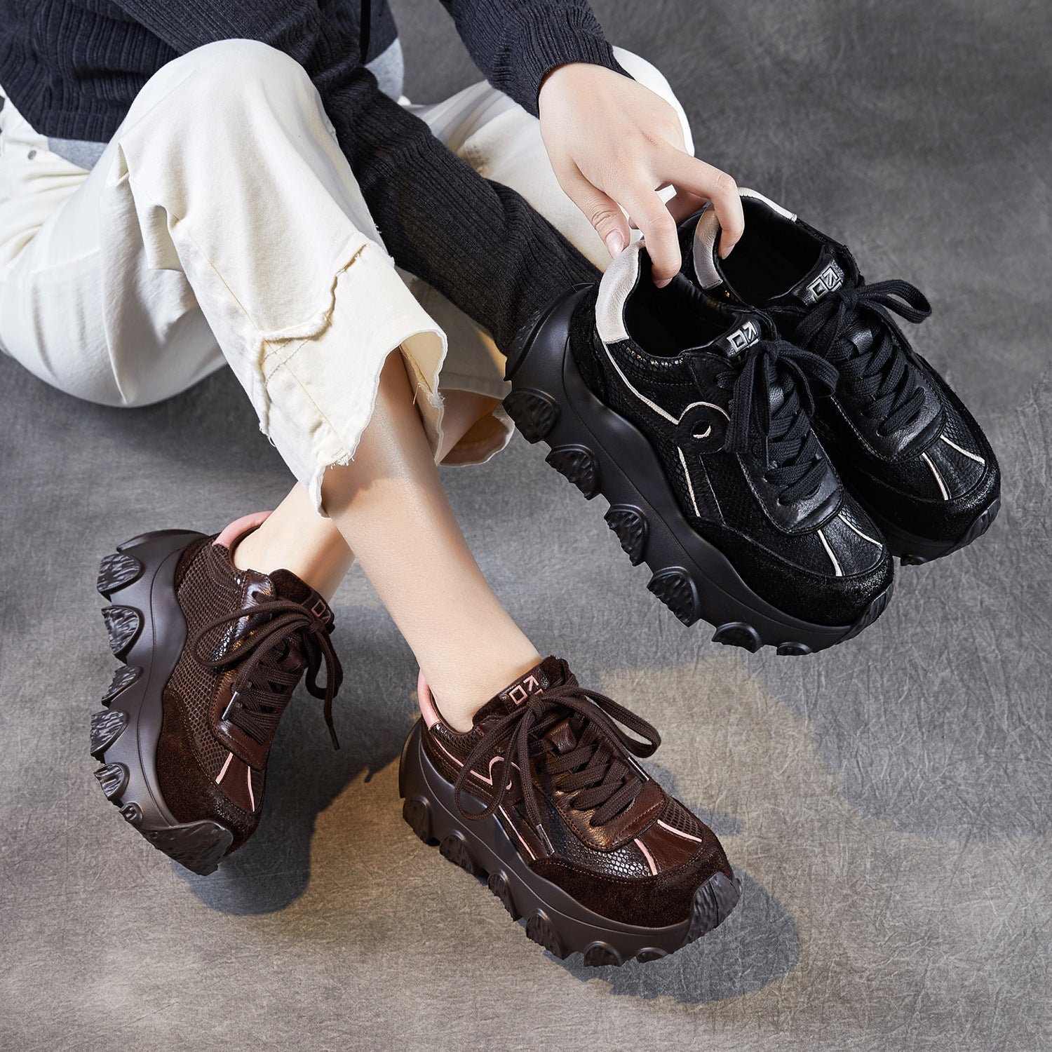 Women's Retro Leather Casual Chunky Platform Sneakers-RAIIFY