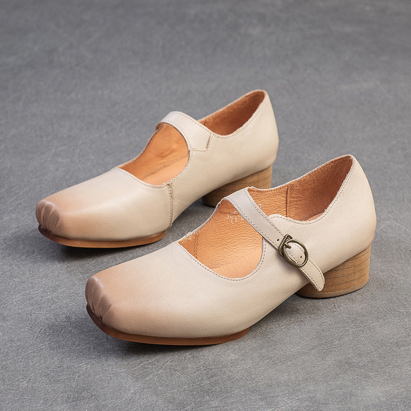 Women Retro Leather Buckle Low Block Casual Shoes-RAIIFY