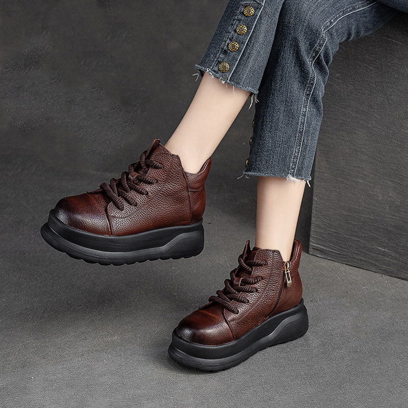 Women Retro Leather Furred Warm Platform Ankle Boots-RAIIFY