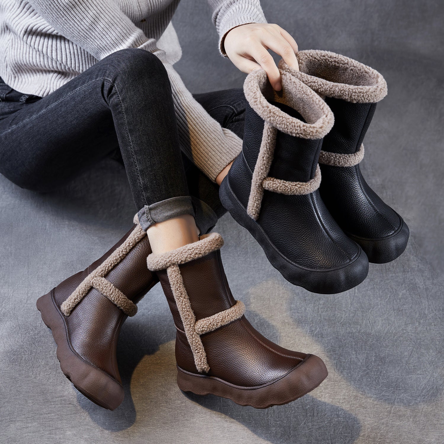 Women's Leather Comfort Slip-on Mid-Calf Snow Boots-RAIIFY