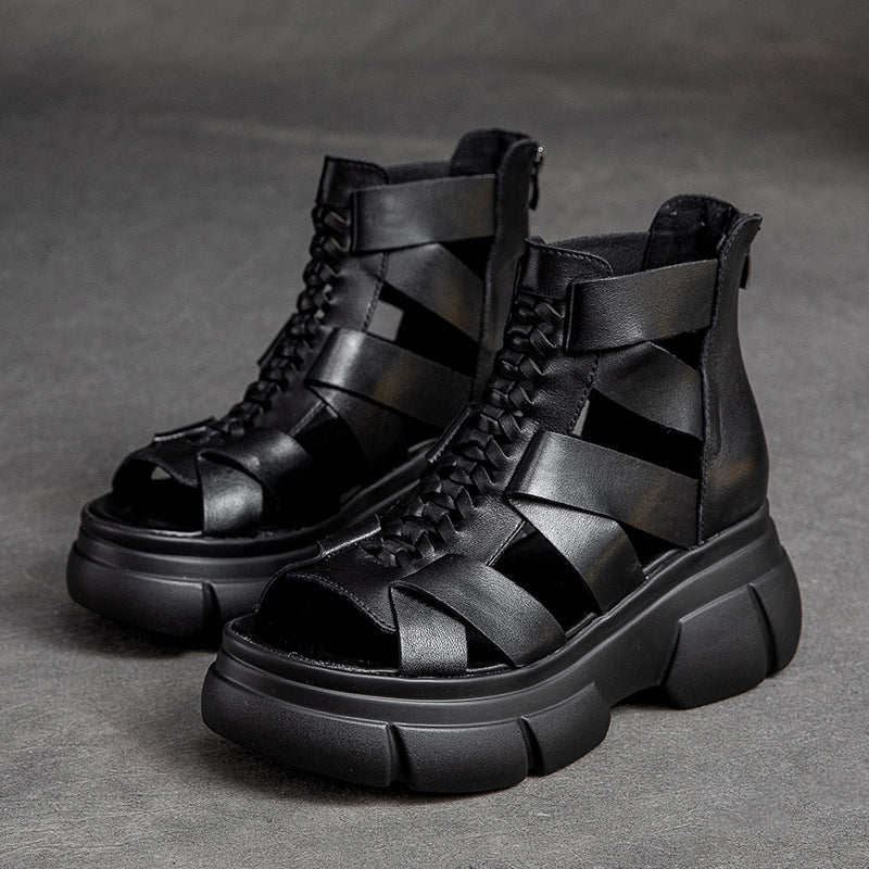 Women's Retro Plaited Leather High Top Platform Sandals-RAIIFY