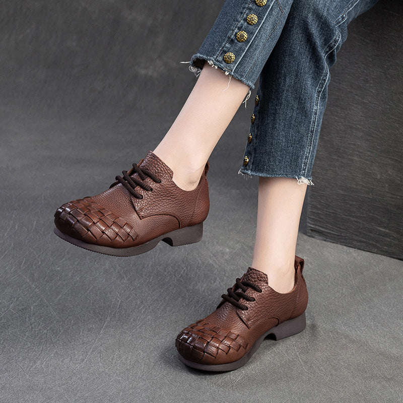 Women Retro Soft Plaited Cowhide Casual Shoes-RAIIFY