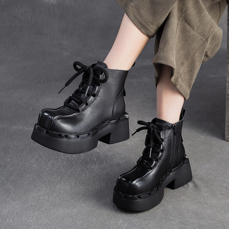 Women's Retro Leather Chunky Heel Boots-RAIIFY