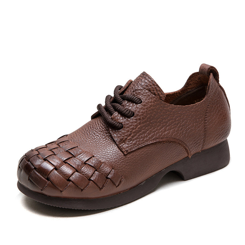 Women Retro Soft Plaited Cowhide Casual Shoes-RAIIFY
