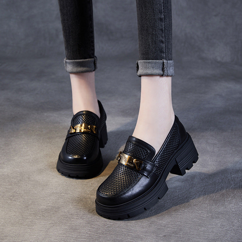 Women Hollow Breathable Leather Casual Platform Loafers-RAIIFY