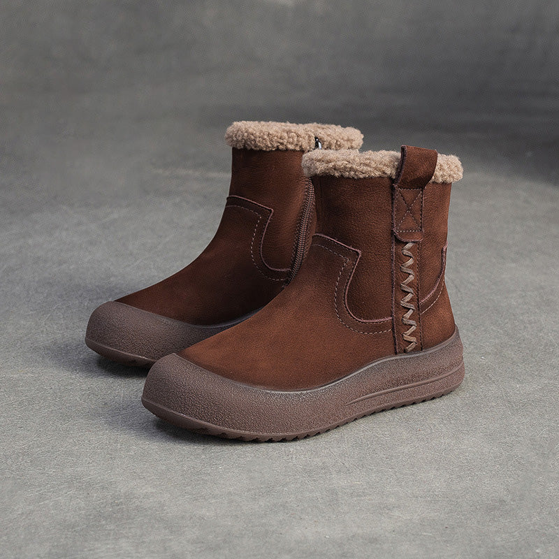 Women's Retro Leather Fleece Flat Snow Boots