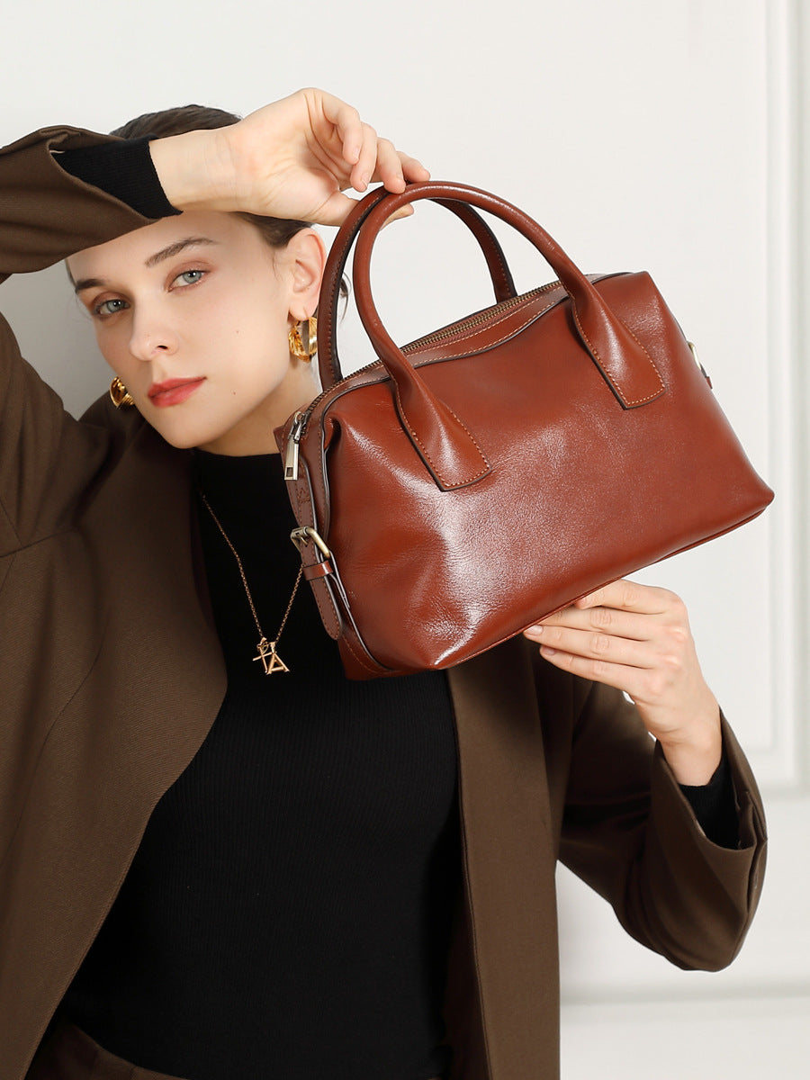 Women's Vintage Plain Leather Casual Boston Bag-RAIIFY