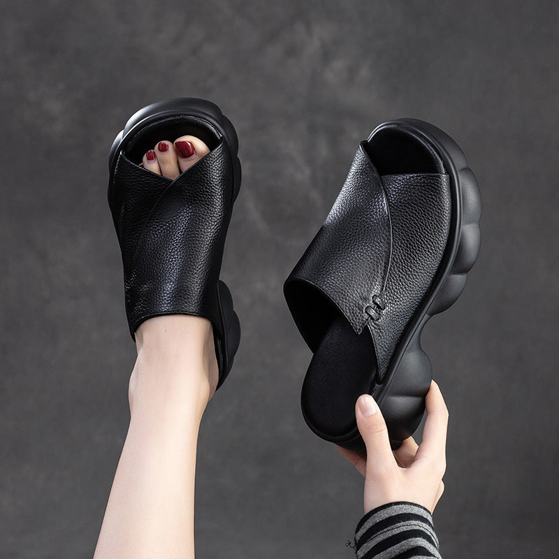 Women Minimalist Casual Leather Platform Slides Sandals-RAIIFY