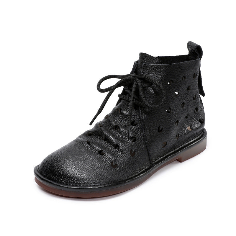 Women Soft Plain Hollow Leather Casual Flat Ankle Boots-RAIIFY