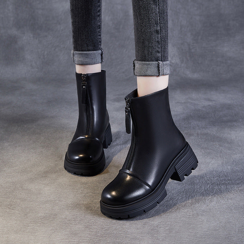 Women Minimalism Leather Front Zipper Casual Boots-RAIIFY