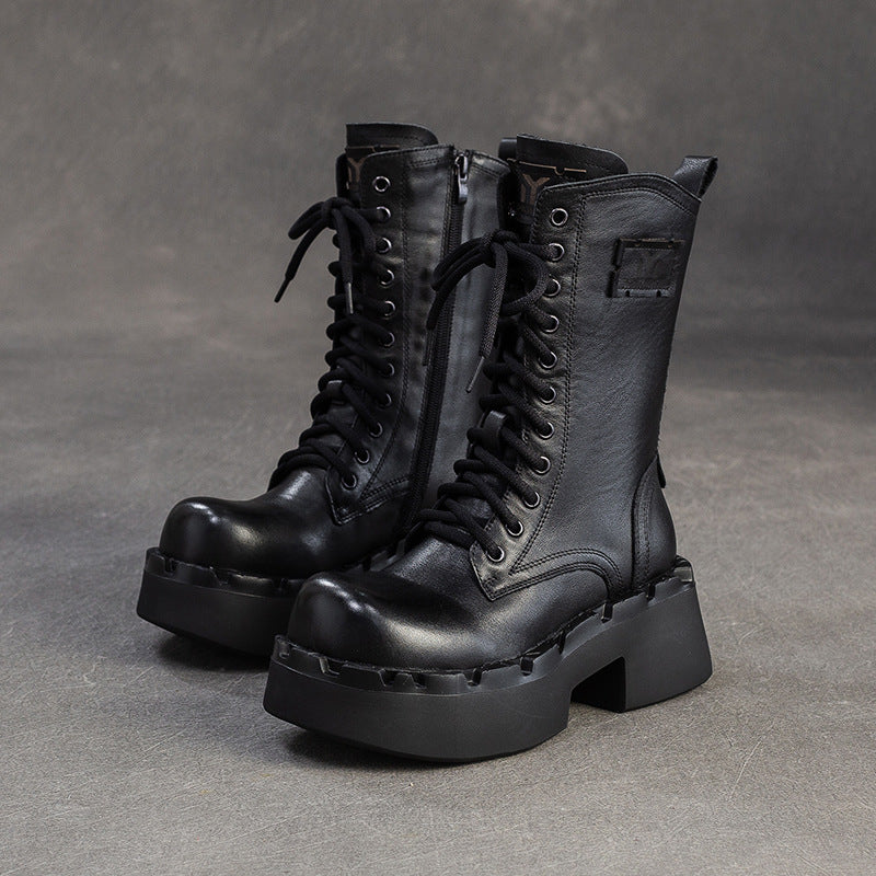 Women's Vintage Leather Platform Mid-Calf Boots-RAIIFY