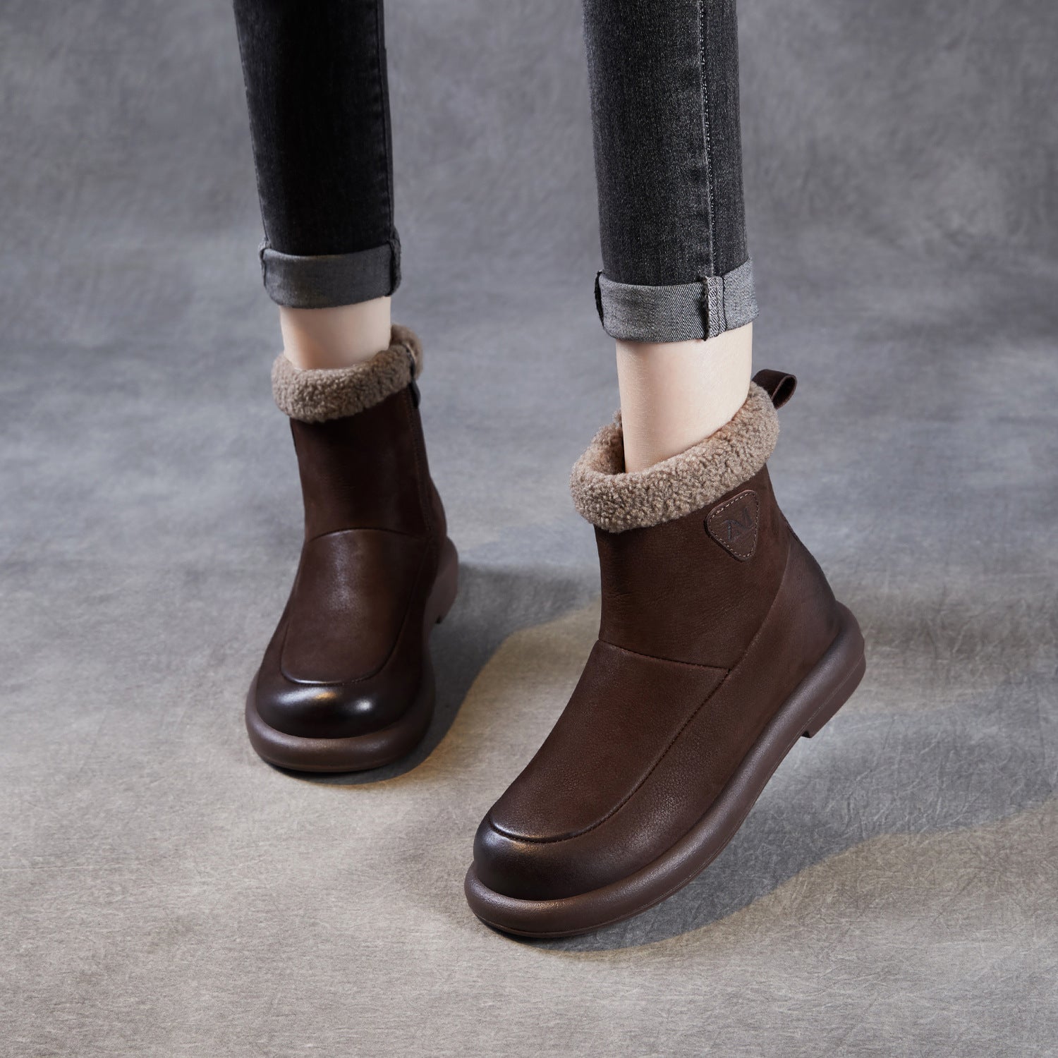 Women's Vintage Plain Leather Furred Snow Boots