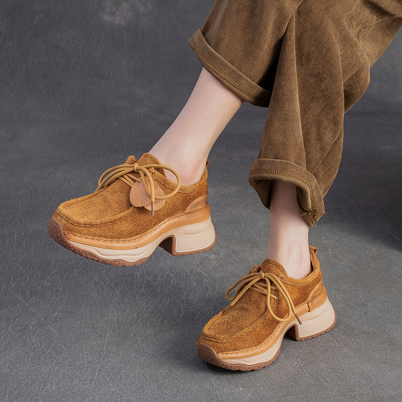 Women Genuine Leather Thick Sole Breathable Casual Lace Up Shoes-RAIIFY
