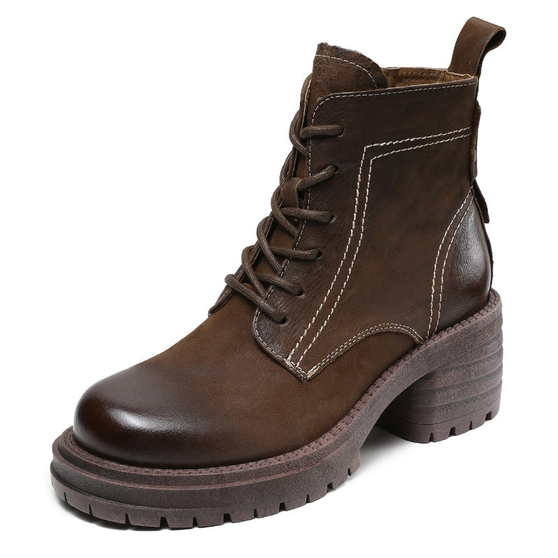 Women Vintage Quilted Leather Chunky Heel Ankle Boots-RAIIFY