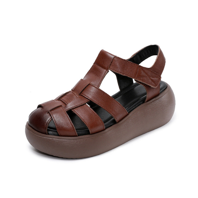 Women's Retro Plain Leather Casual Platform Sandals-RAIIFY