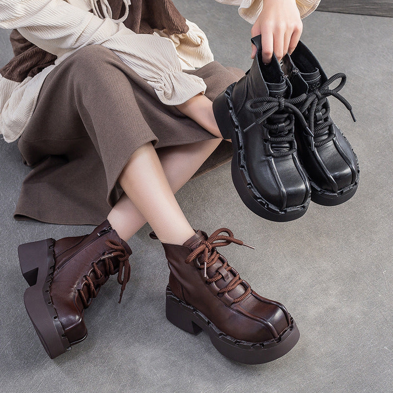 Women's Retro Leather Chunky Heel Boots-RAIIFY