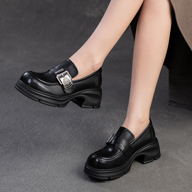 Women Retro Buckle Leather Chunky Heel Loafers-RAIIFY