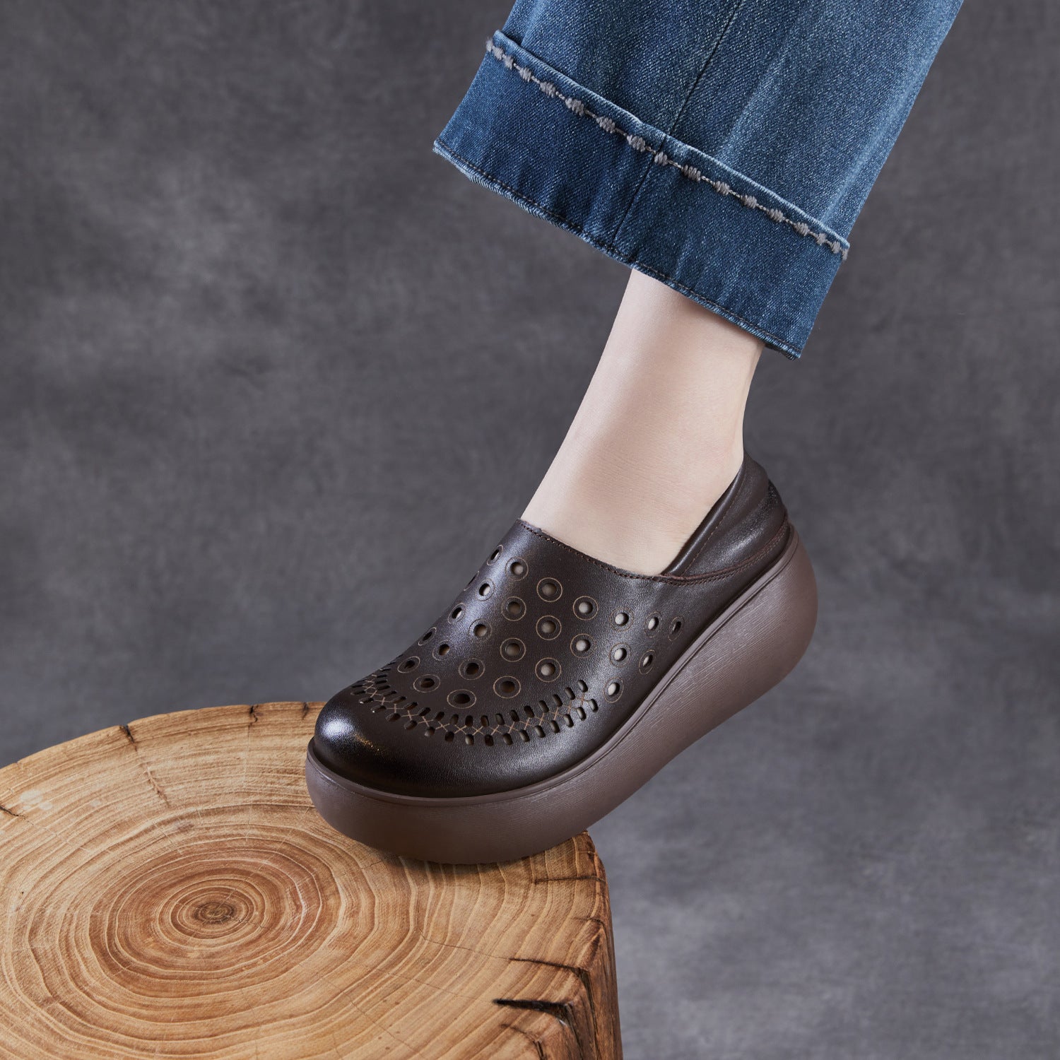 Women Genuine Leather Hollow Out Wedge Heel Summer Sandals-RAIIFY